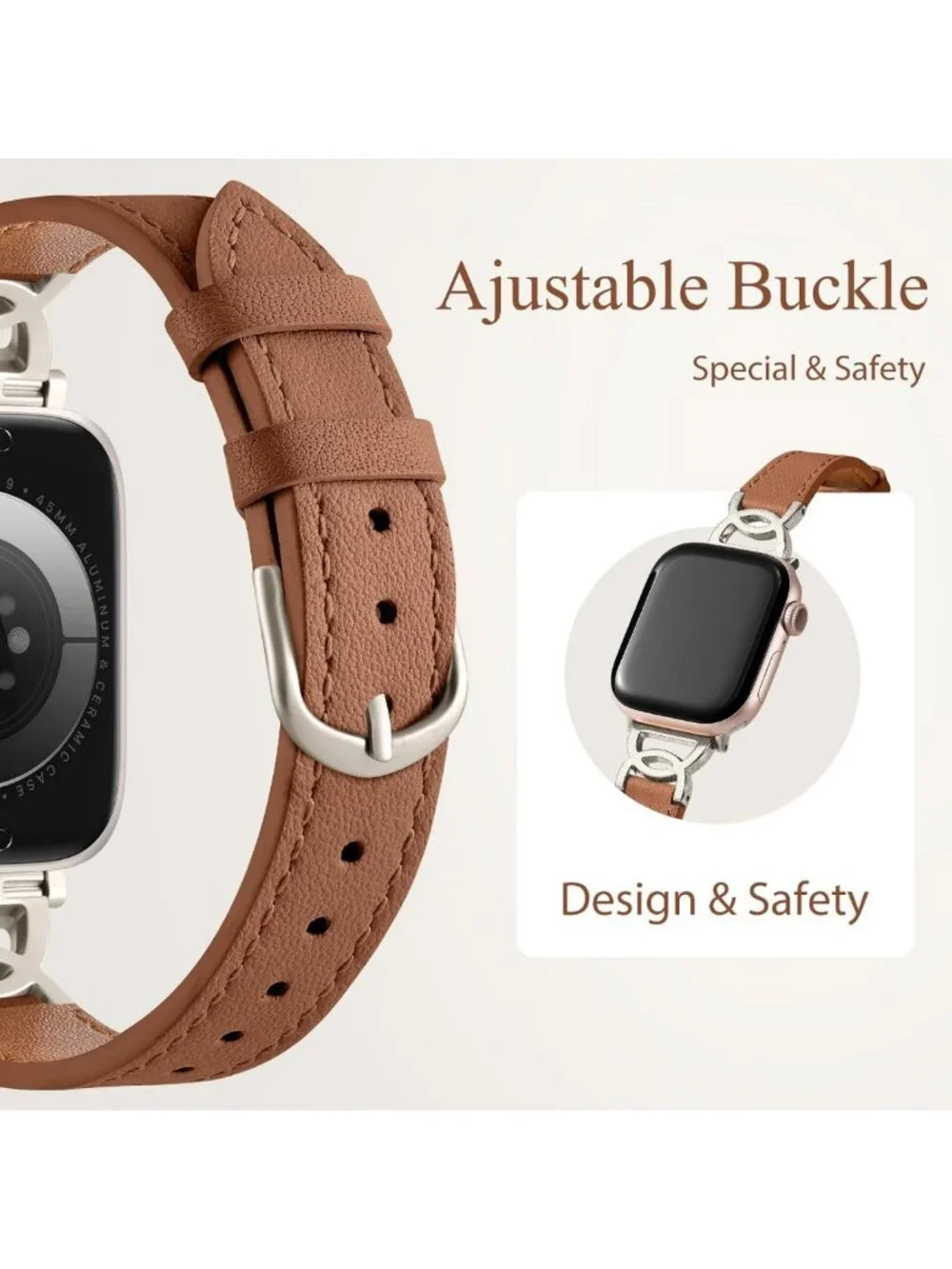 Slim Leather Apple Watch Band for Women - 38mm to 46mm, Stylish DC Buckle
